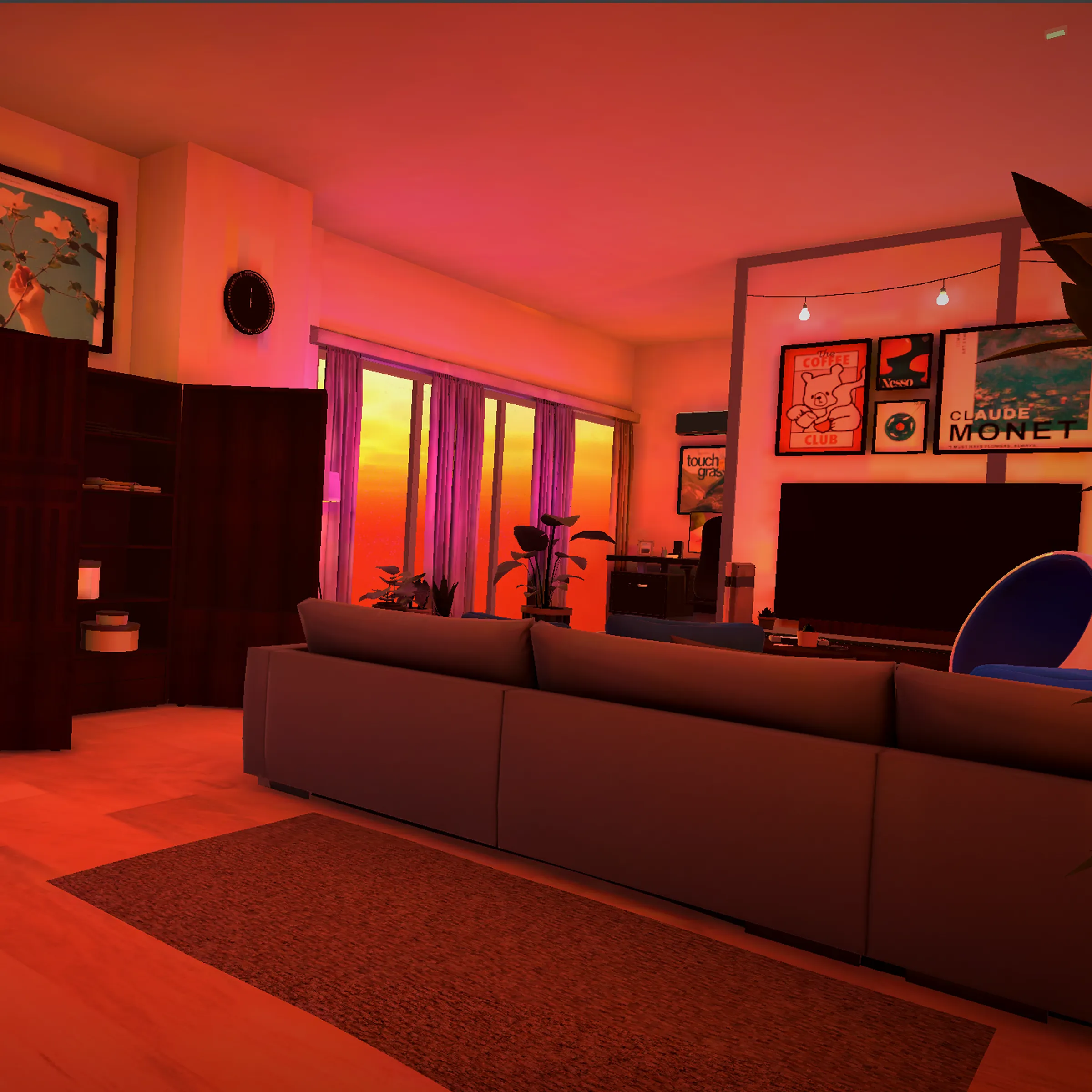 The experience's living room at sunset, posters and warm light over the couch