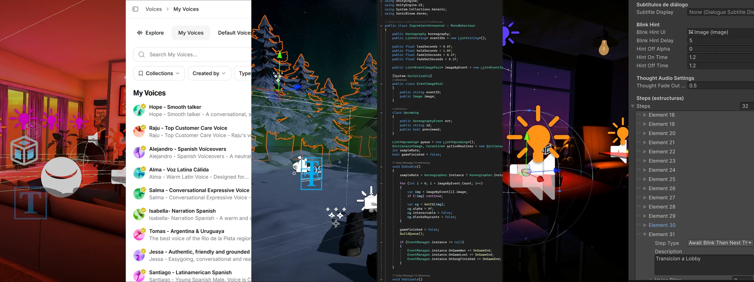 Development collage: ElevenLabs voice casting, the snow forest in the Unity editor, the narrative step system, and the Blink Hint inspector