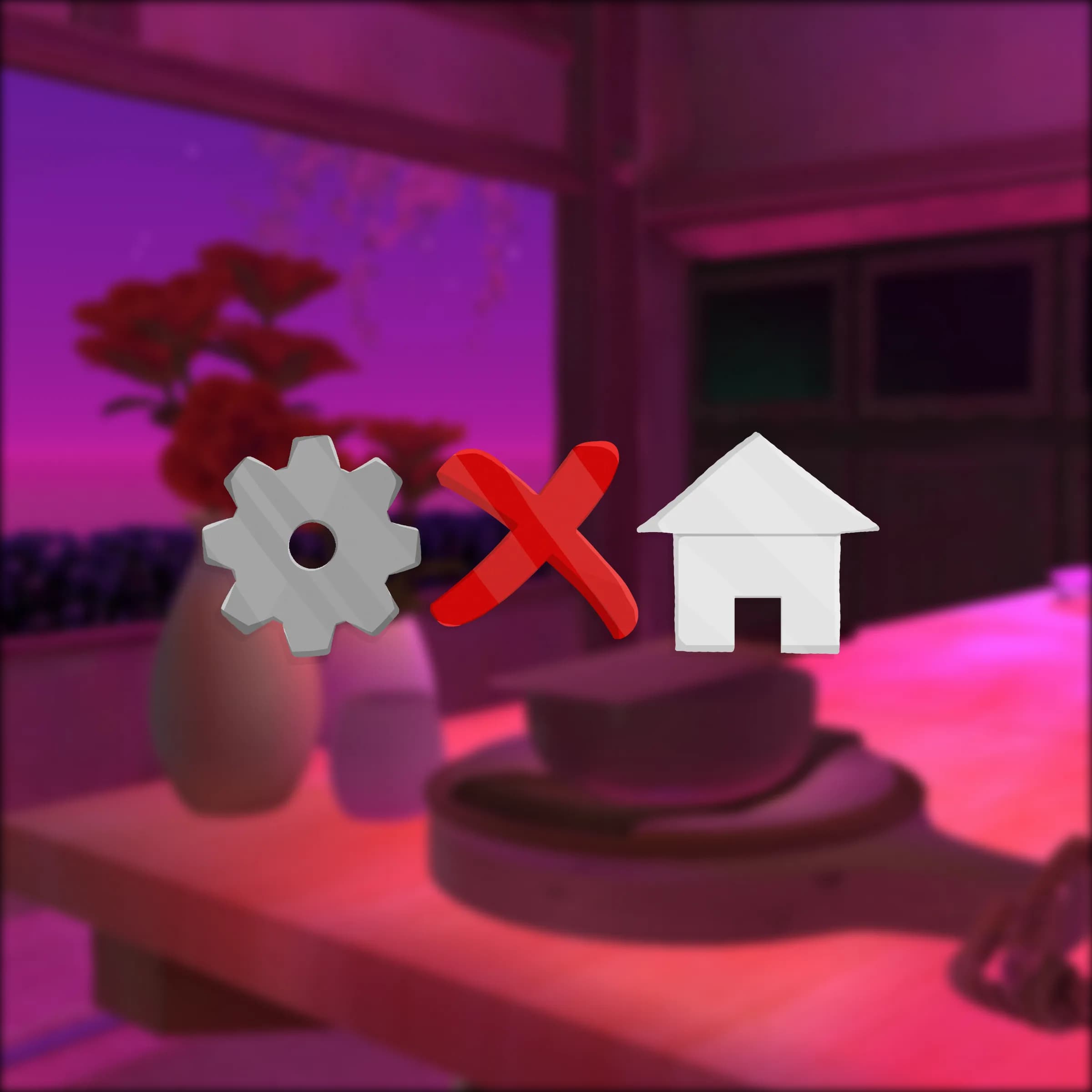 The in-game menu icons floating in the kitchen at dusk