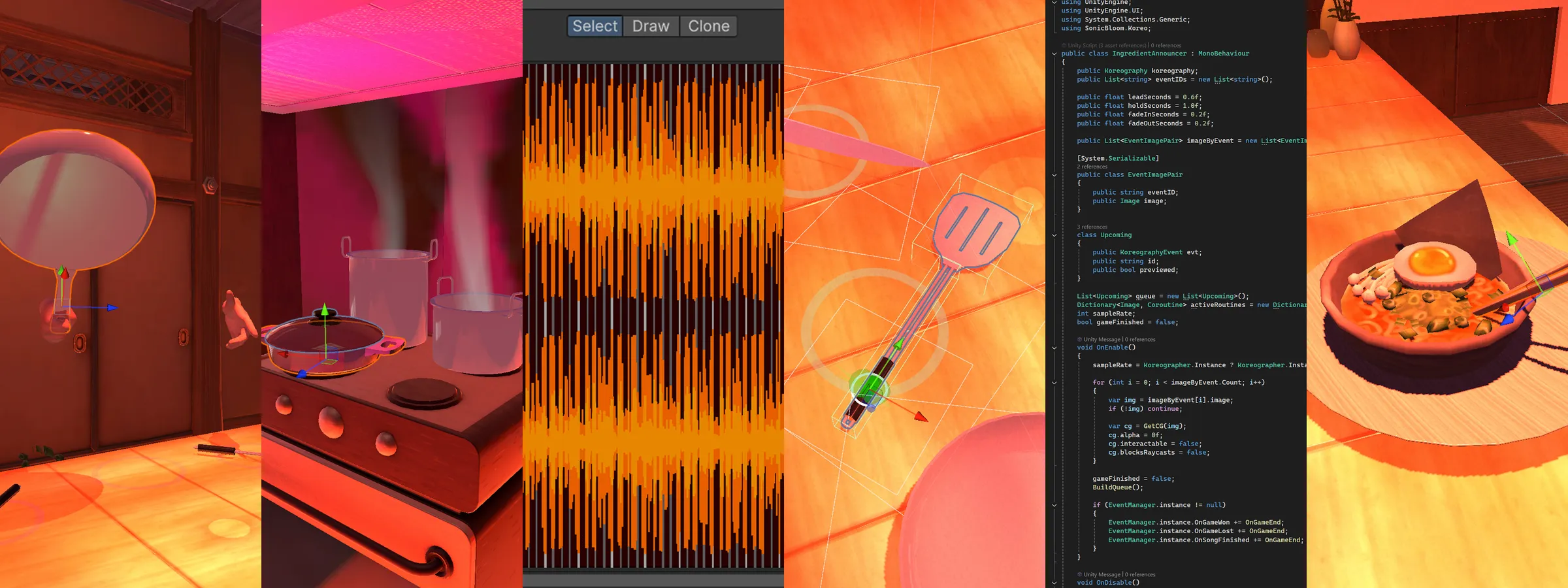 Development collage: the kitchen in the Unity editor, a Koreographer beat track, tool gizmos, and the IngredientAnnouncer C# script