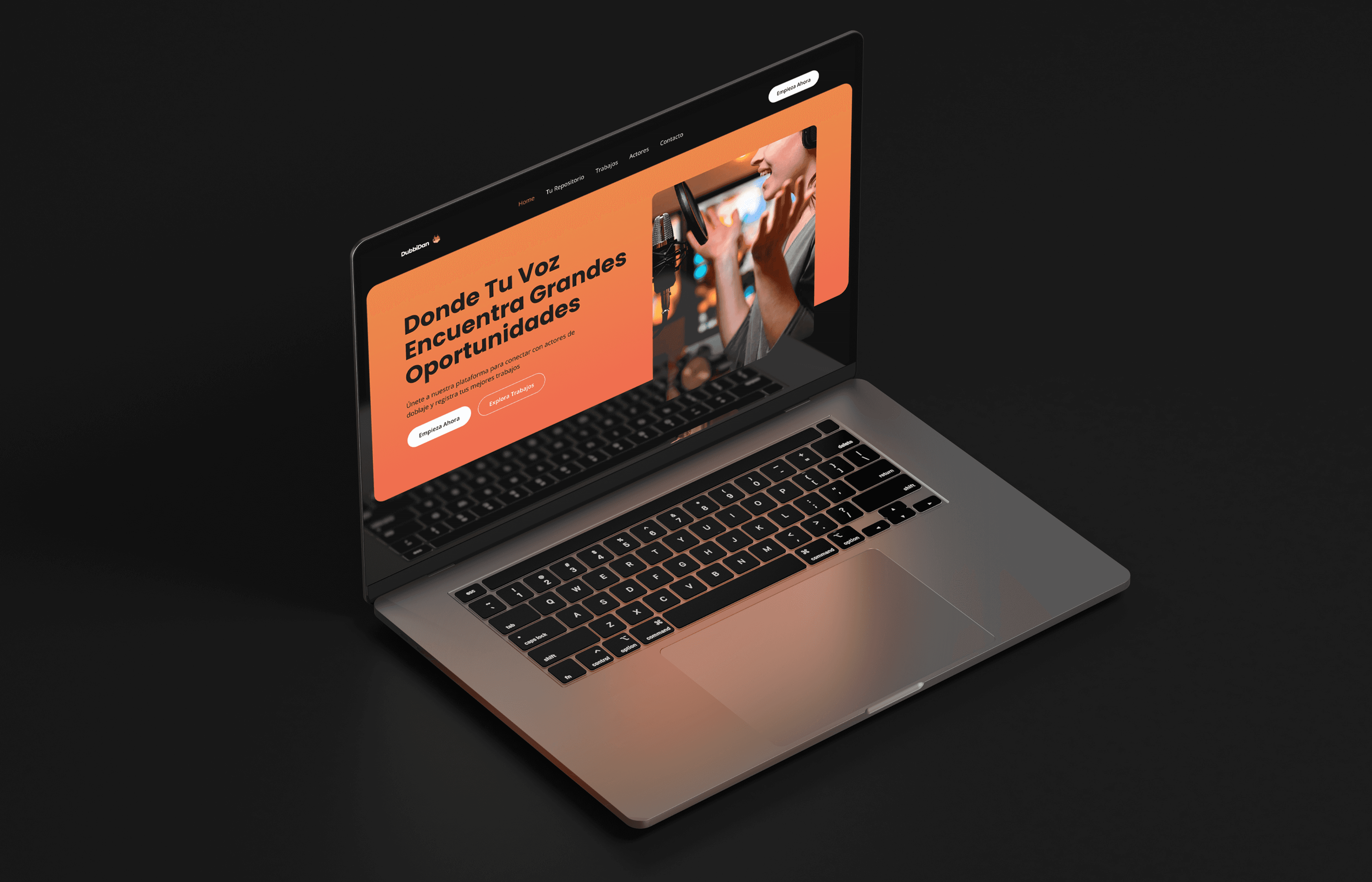 The DubbiDan landing page on a laptop, lit against a dark backdrop