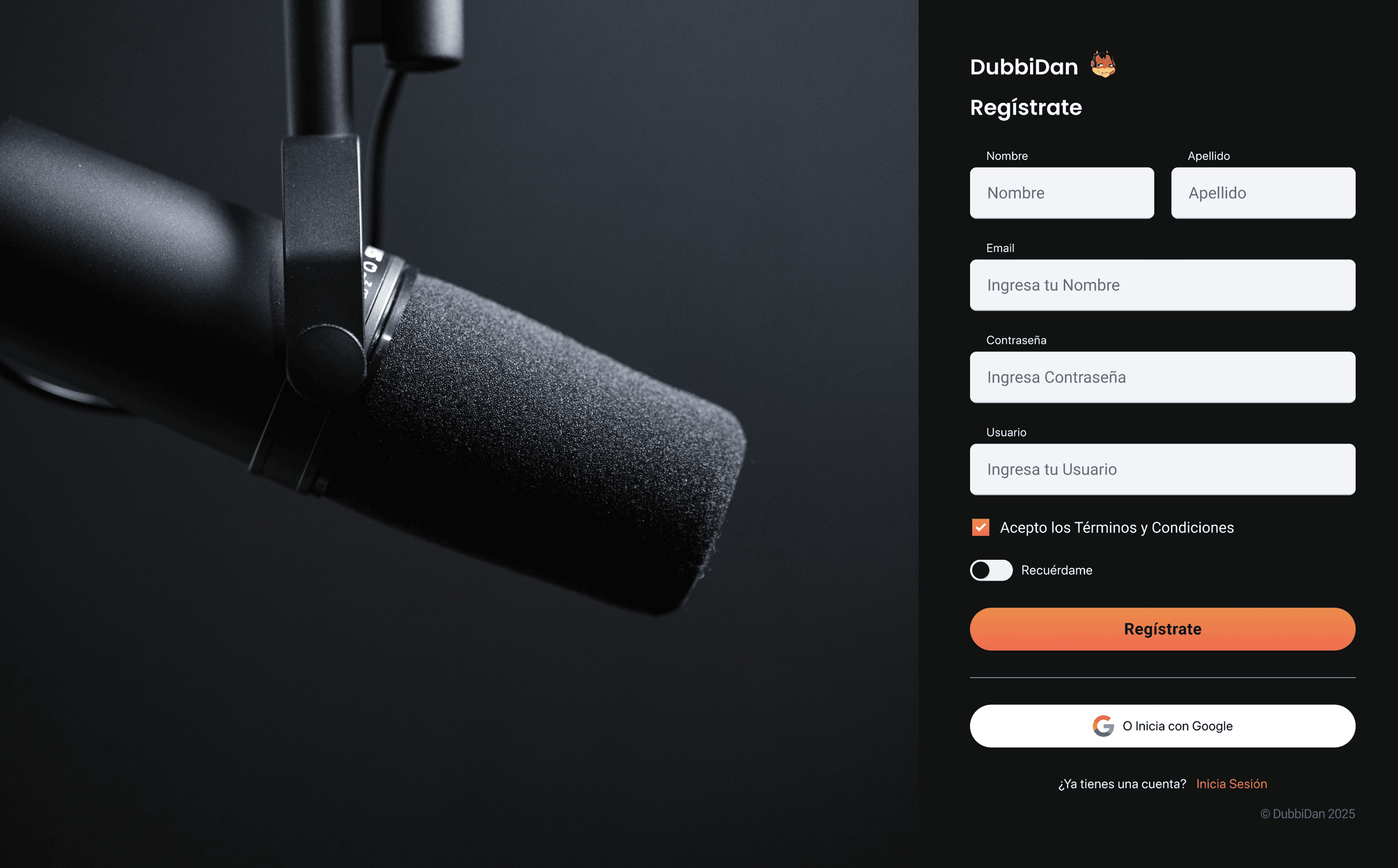 The DubbiDan sign-up screen, split between a studio photograph and the registration form
