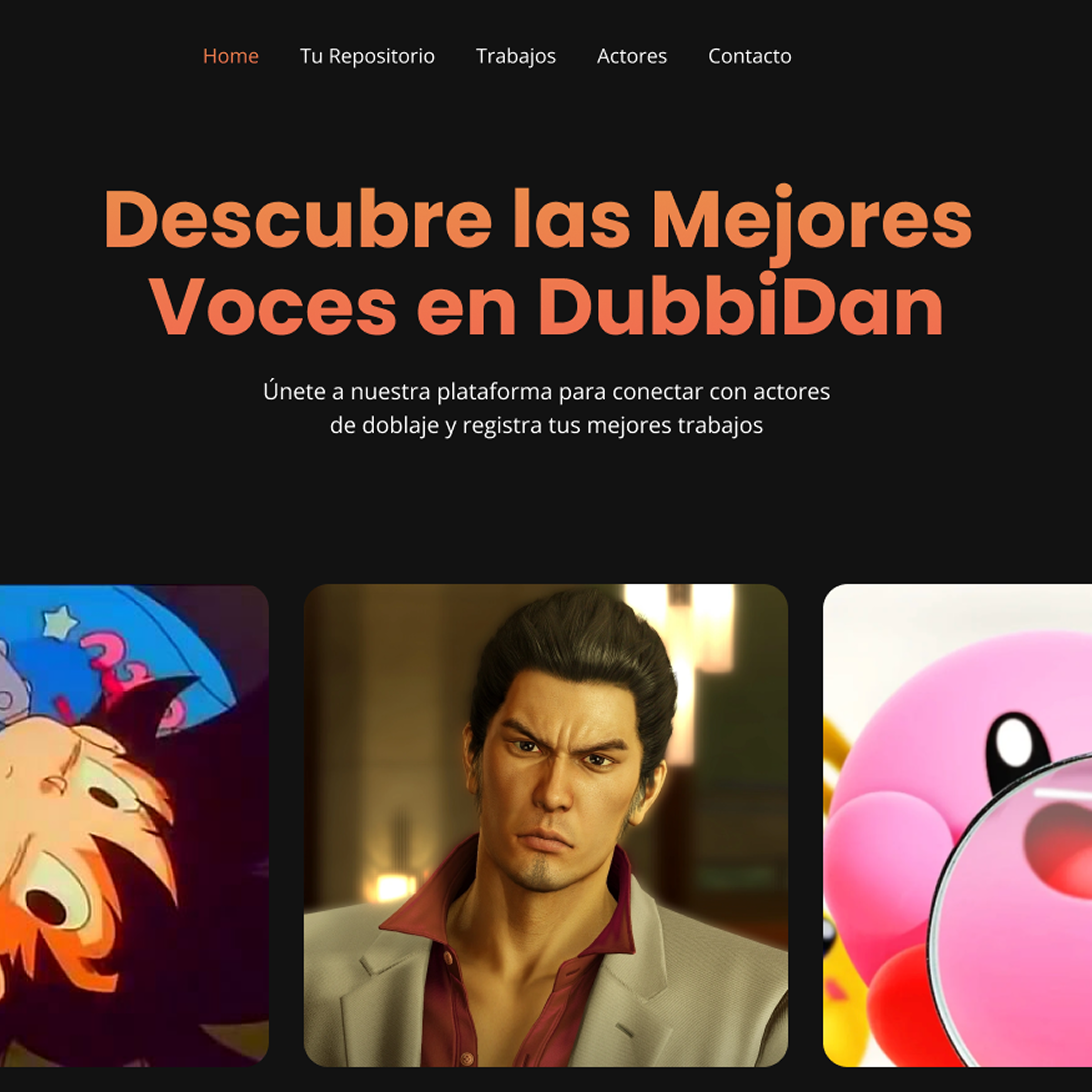 The DubbiDan landing page: 'Descubre las Mejores Voces en DubbiDan' over a row of character cards