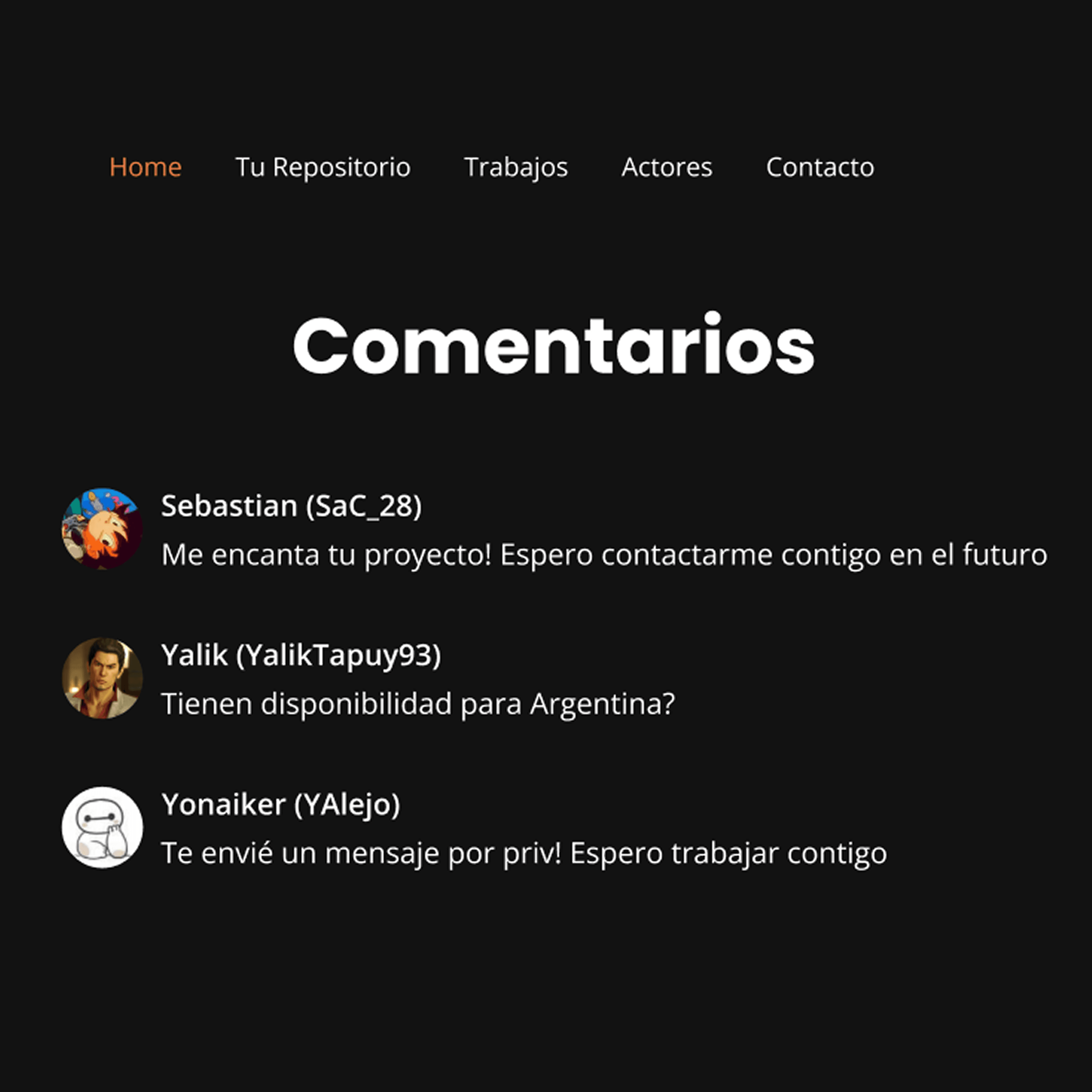 The comments view on DubbiDan, with actors replying under a demo