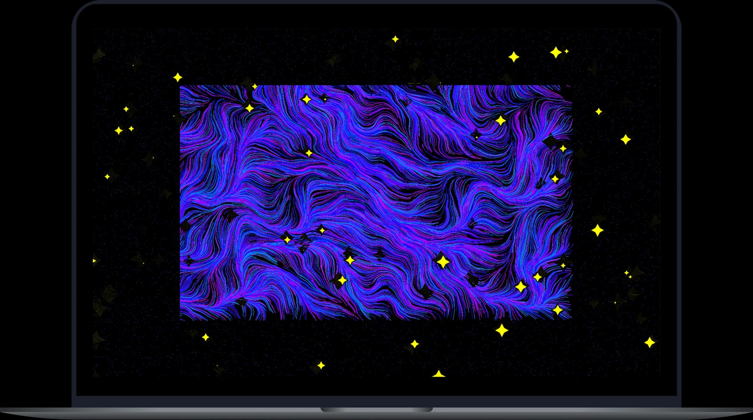 Indigo Horizon running on a laptop, a flowing indigo nebula filling the screen