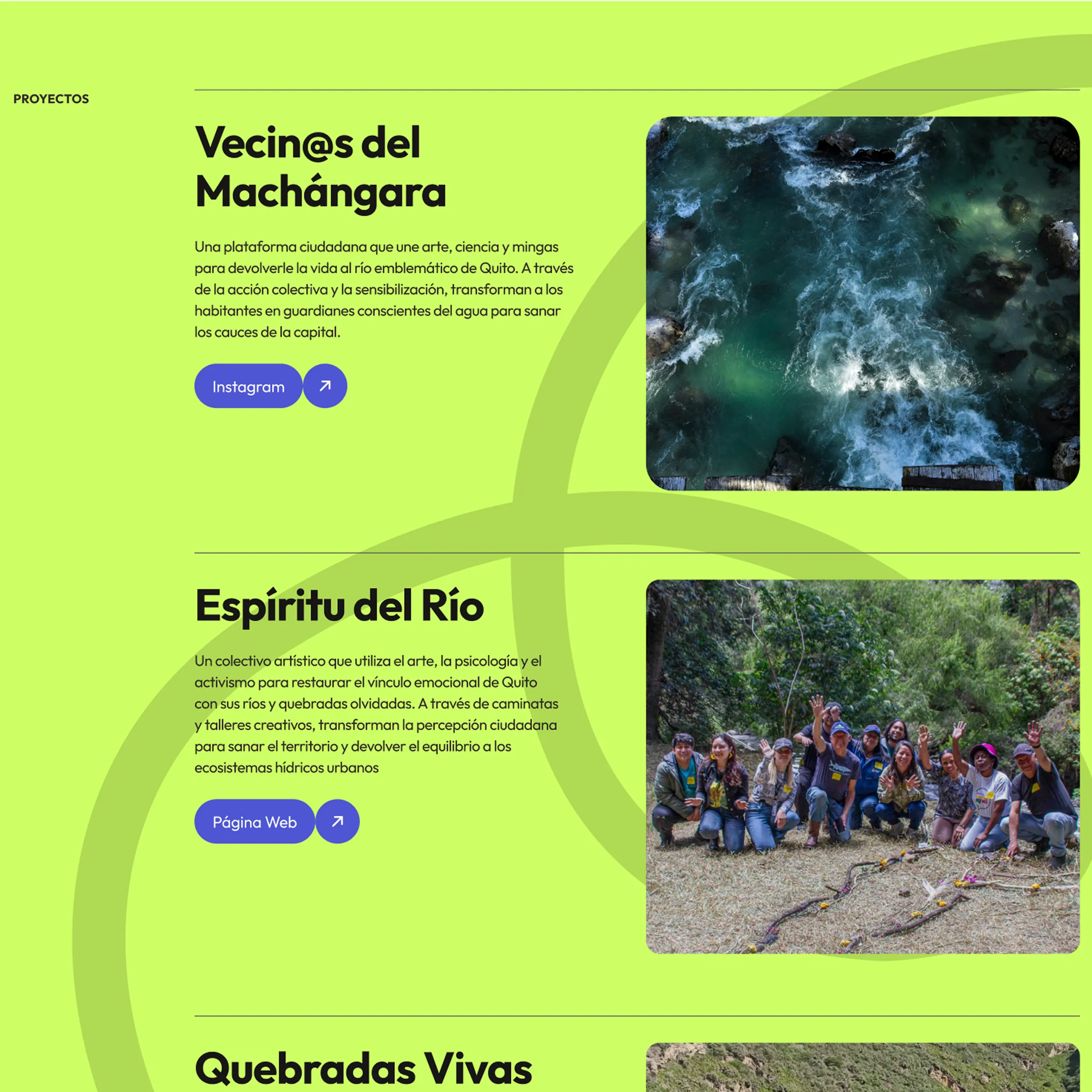 The site's Proyectos section, cards for Vecin@s del Machángara and Espíritu del Río