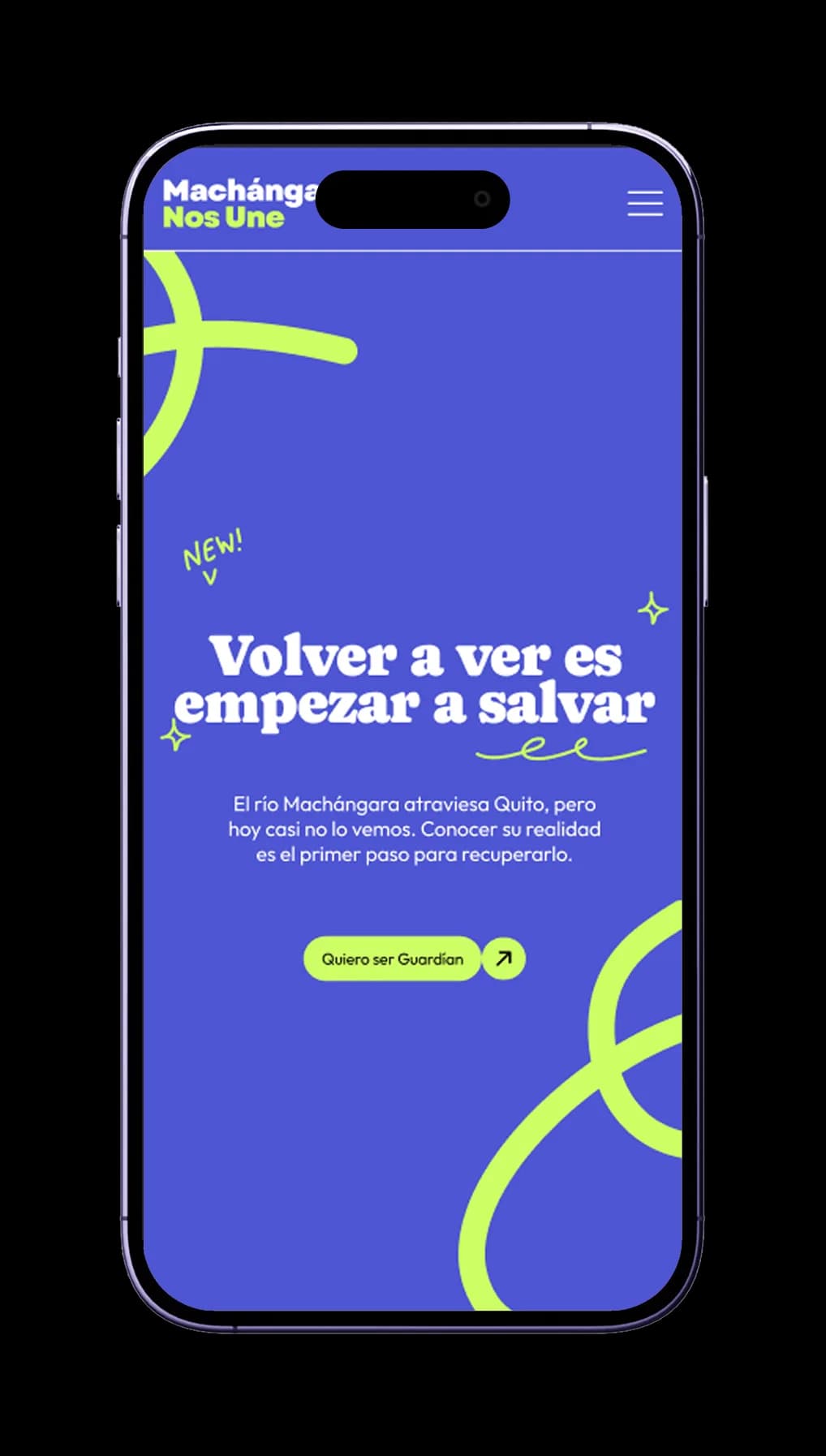 The Machángara Nos Une homepage on an iPhone, in the campaign's violet and lime
