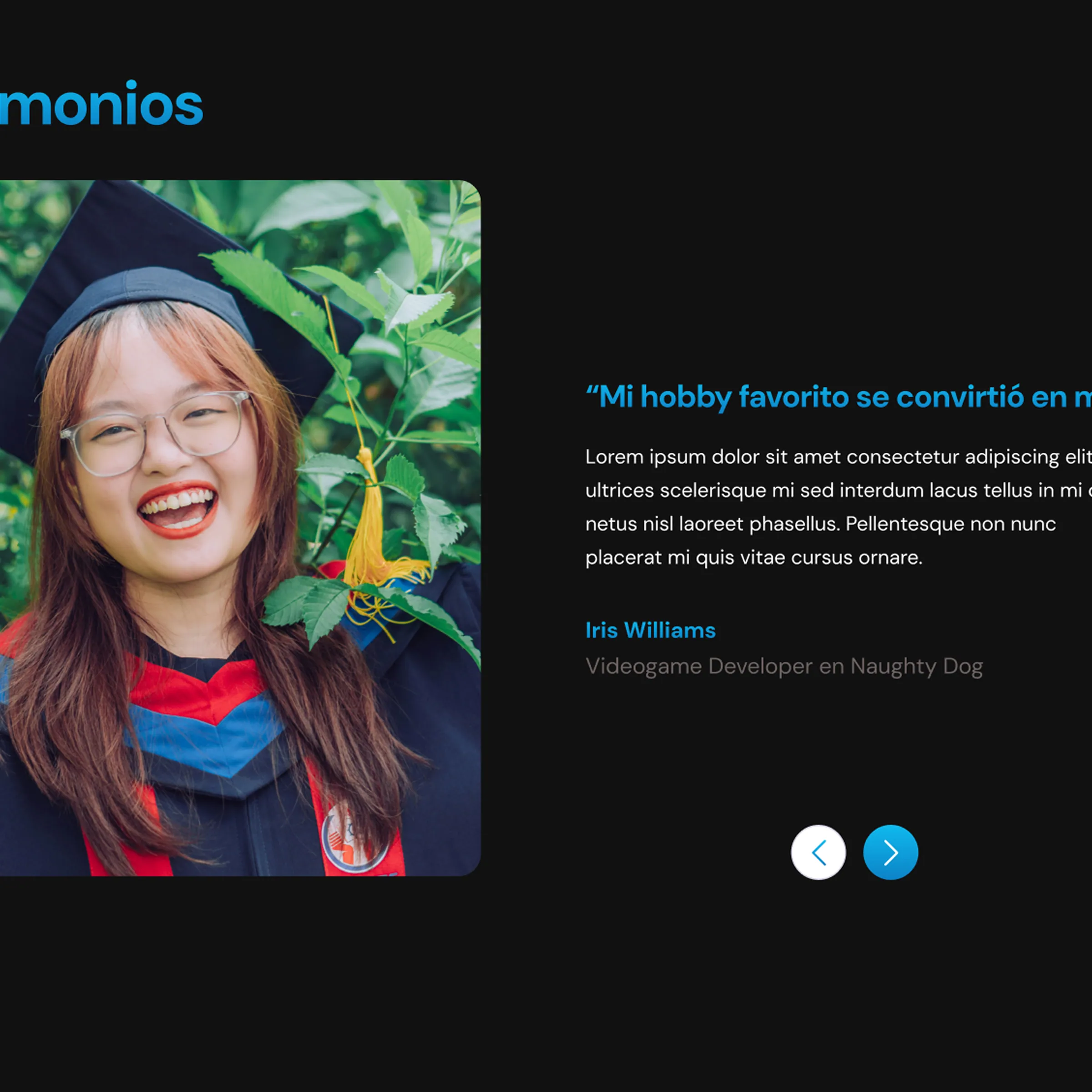 The site's testimonials section, a graduate beside a quote from an alum now working at a game studio