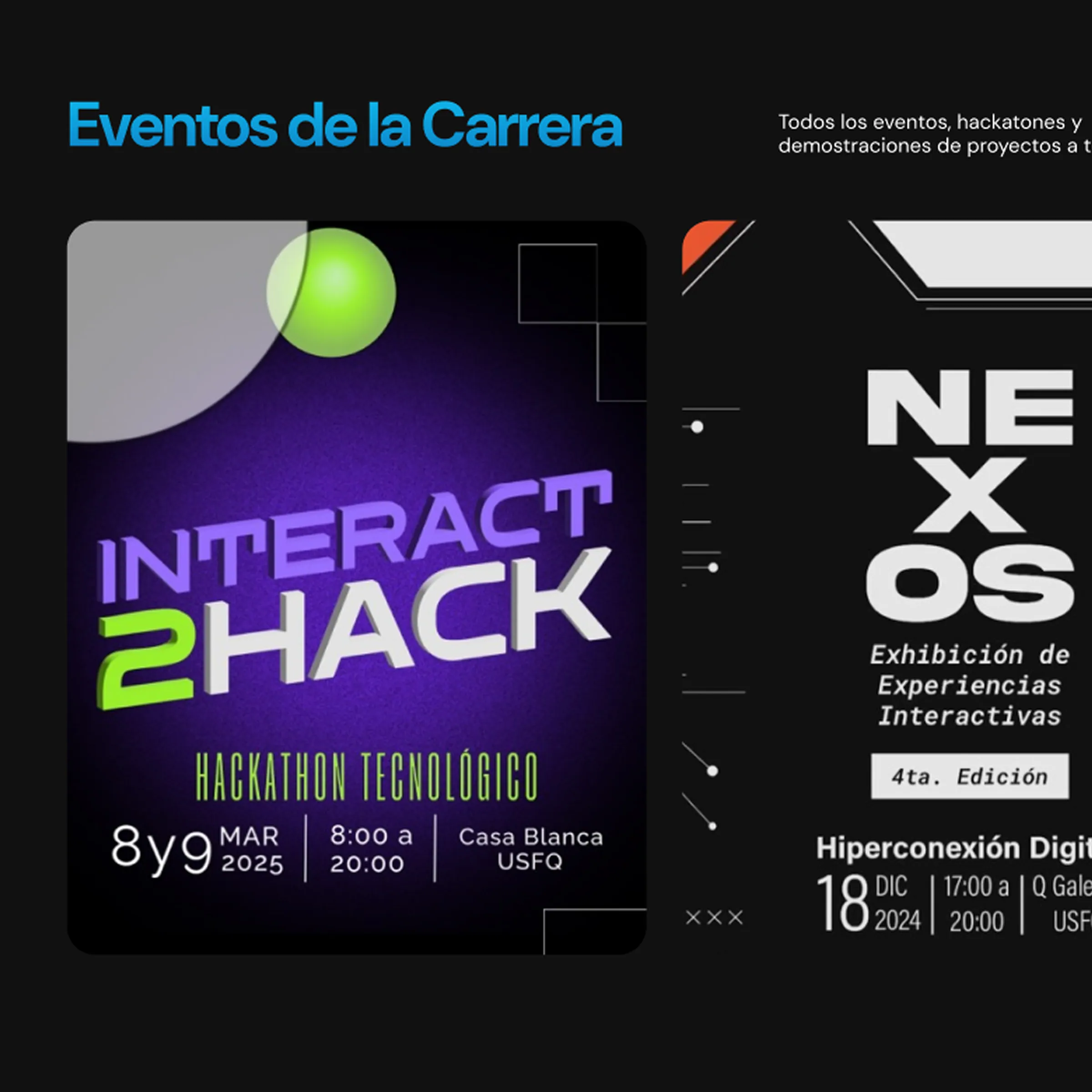 The site's Eventos de la Carrera section, posters for the Interact2Hack hackathon and the Nexos exhibition
