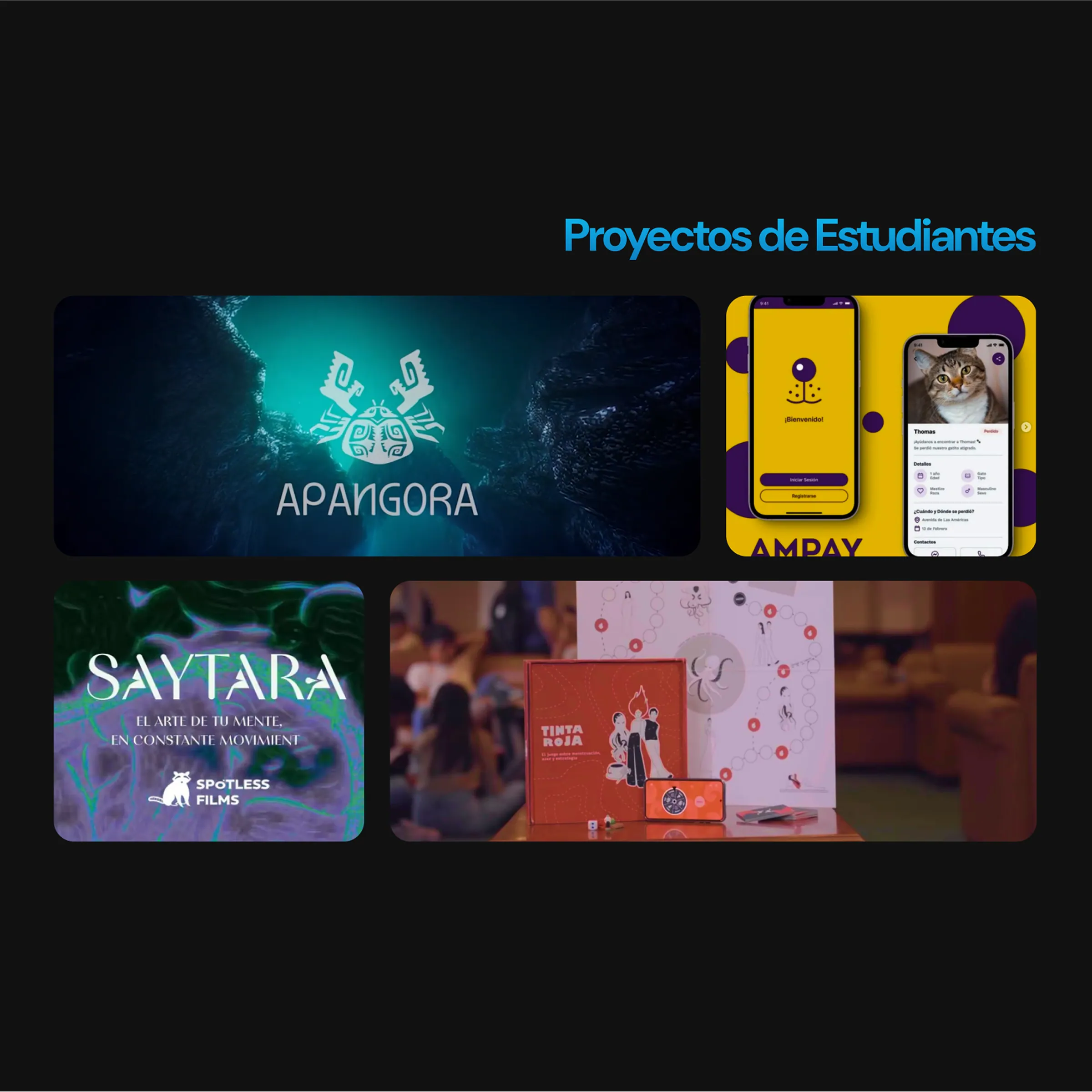 The site's Proyectos de Estudiantes section, showing student games and apps like Apangora and Ampay