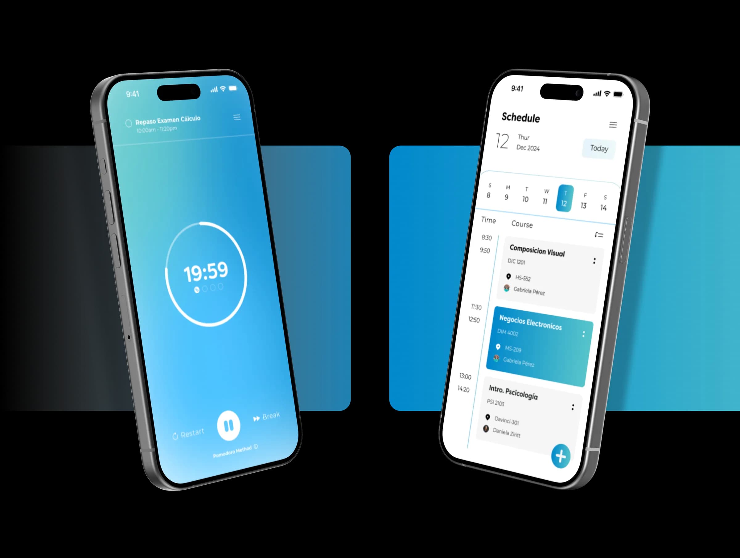 Two mino screens side by side: the Pomodoro study timer and the day's class schedule