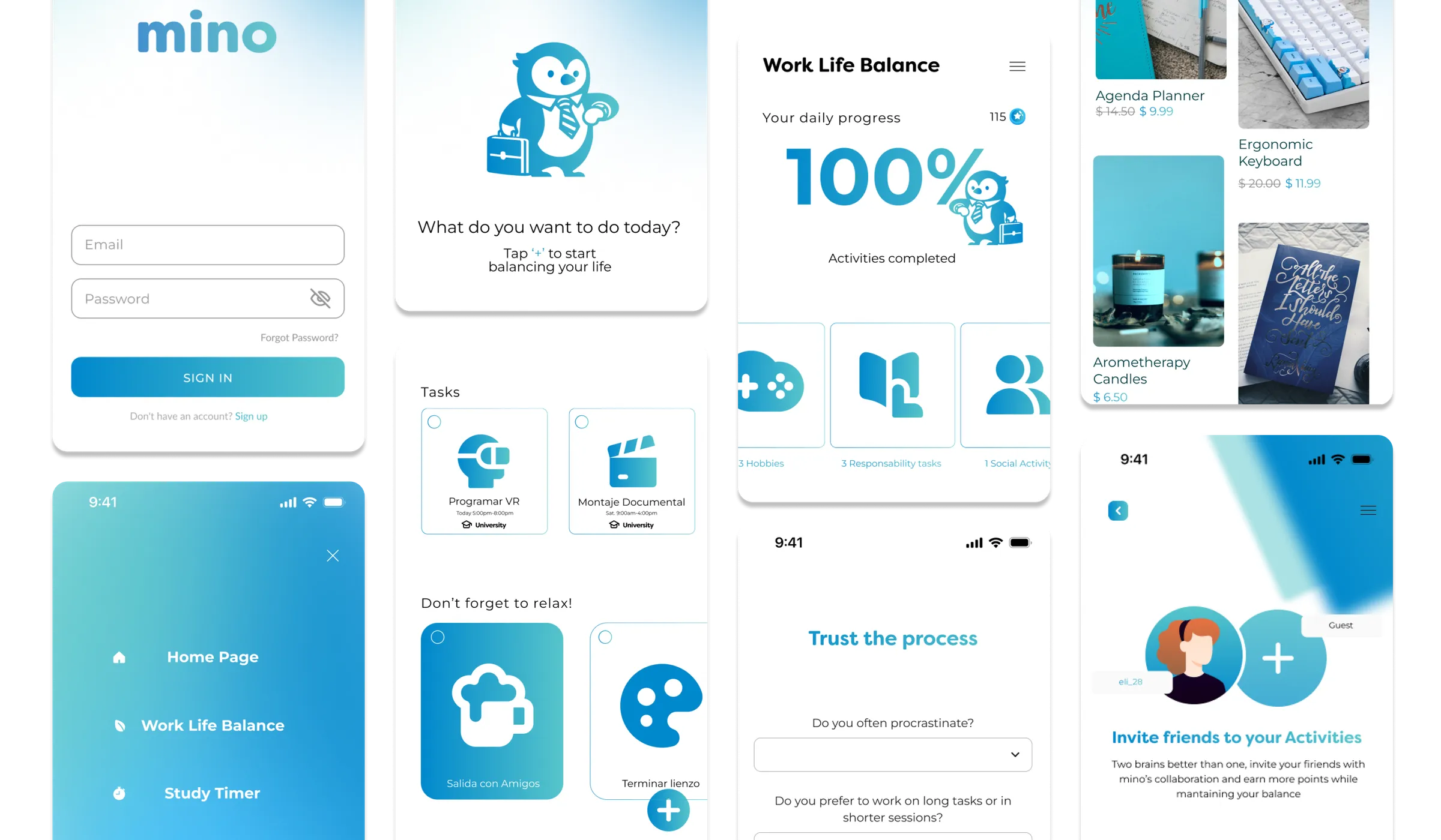 The mino interface: sign in, onboarding, daily progress, the customization store, tasks, and inviting friends
