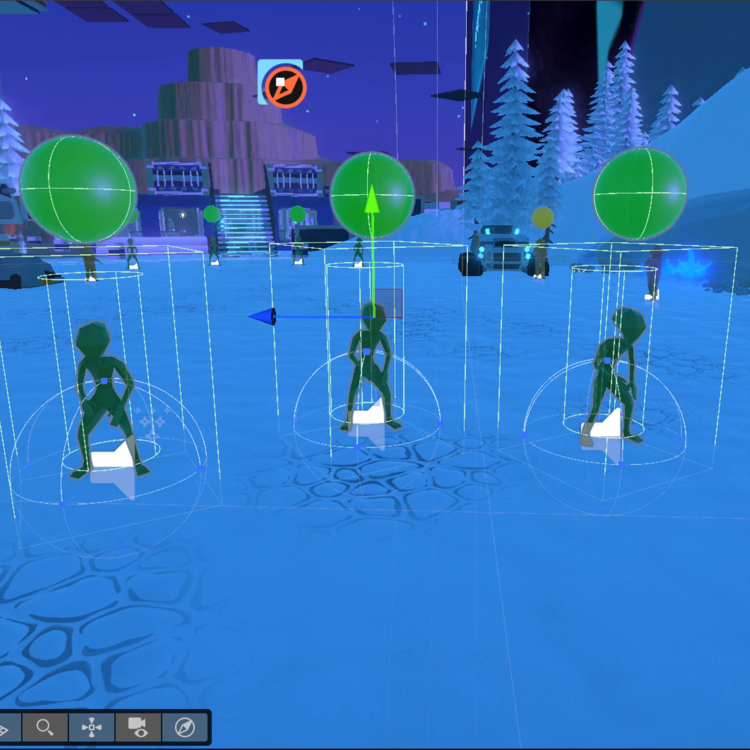Enemy aliens with their AI gizmos in the Unity editor, on the game's icy blue plaza
