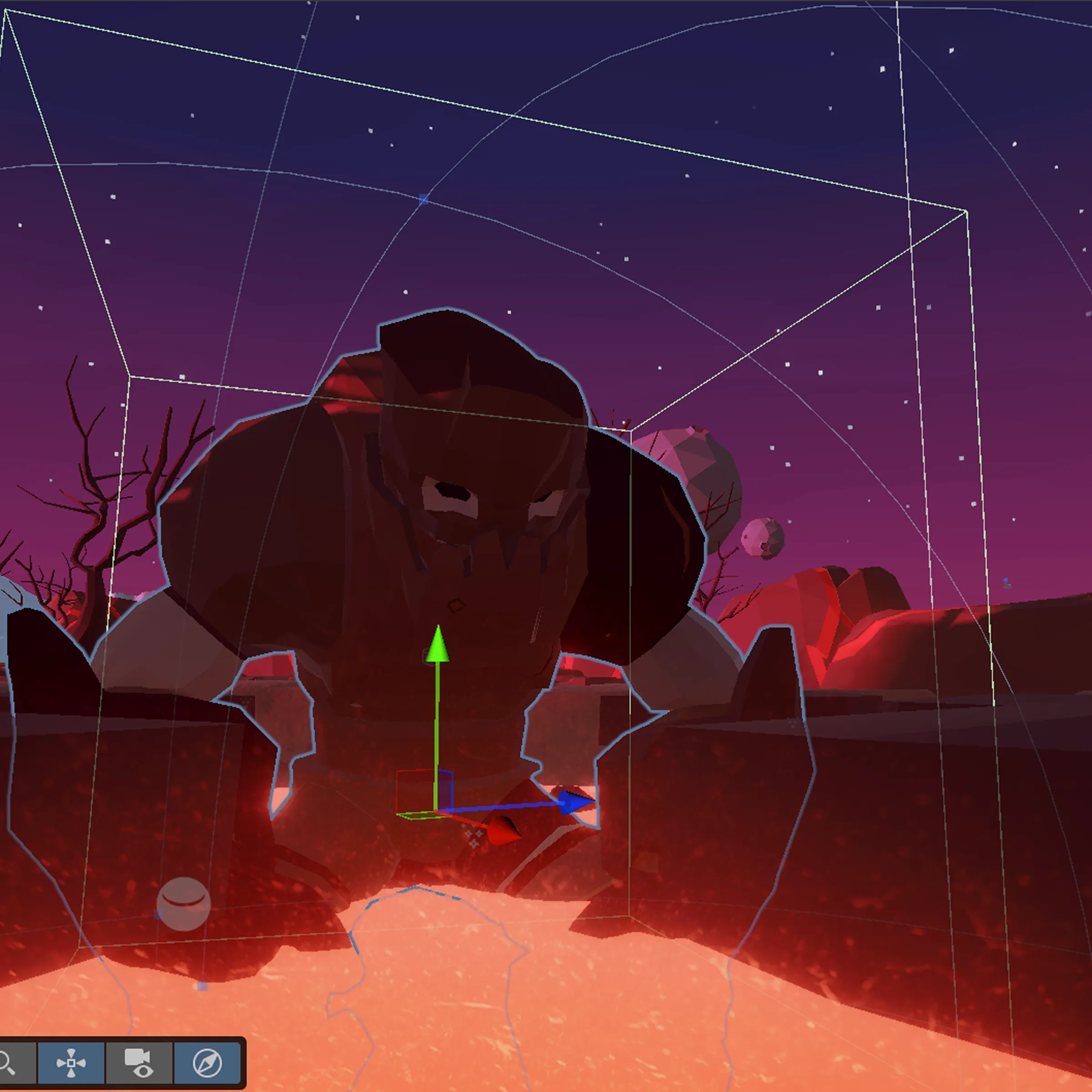 The final boss in the Unity editor, a golem rising over the lava arena at dusk