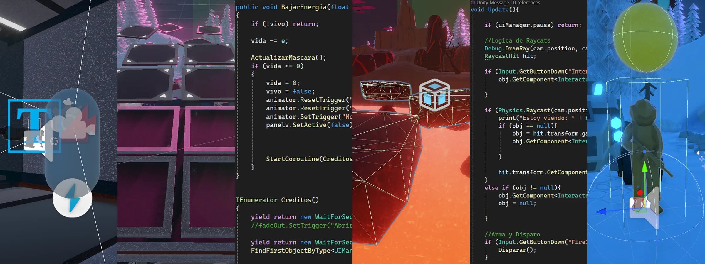 Development collage: the game's UI prefabs, platform tiles, C# energy system code, terrain wireframes, and character gizmos