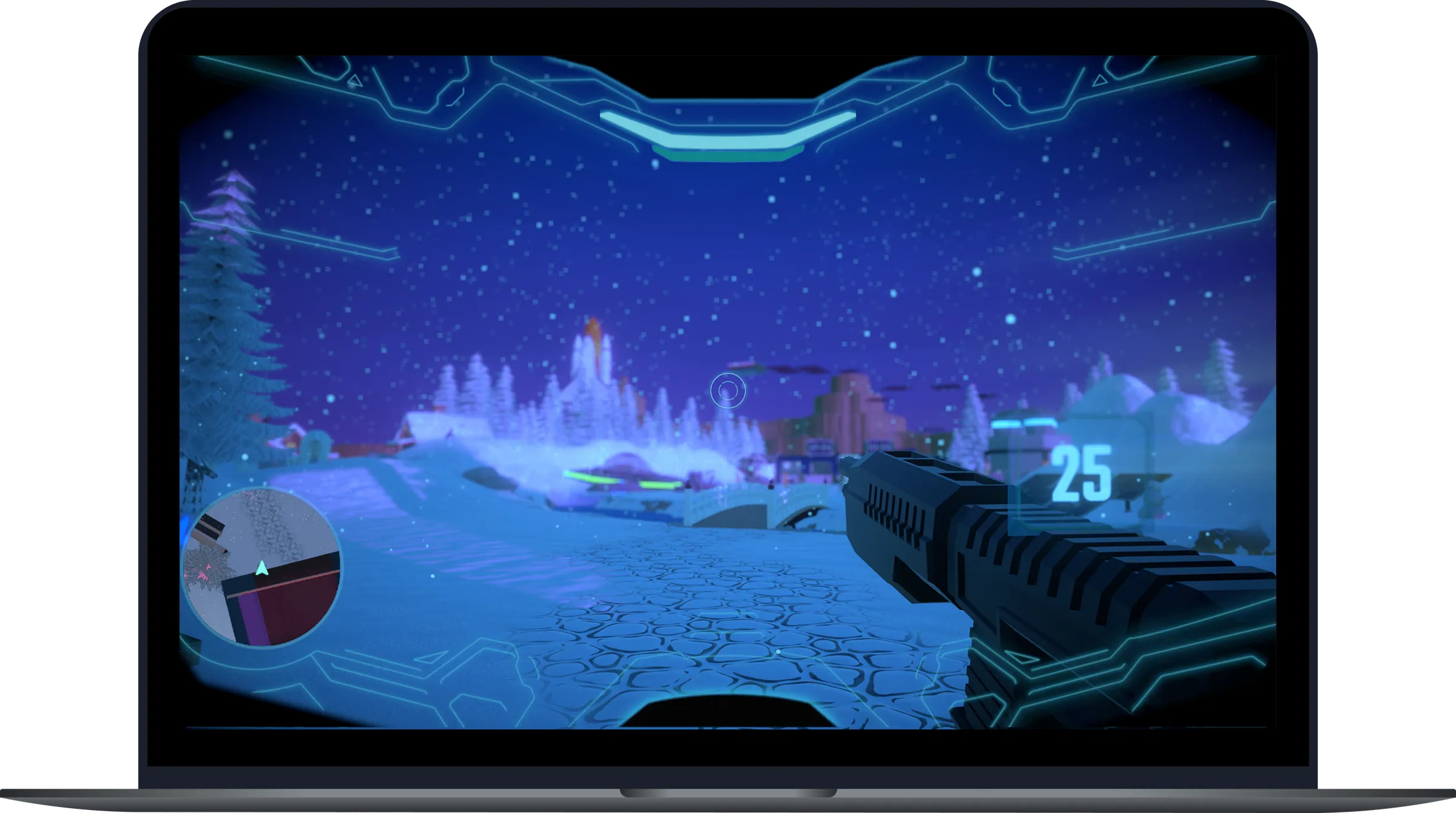 Saturn Reverie running on a laptop, the low-poly space world on screen
