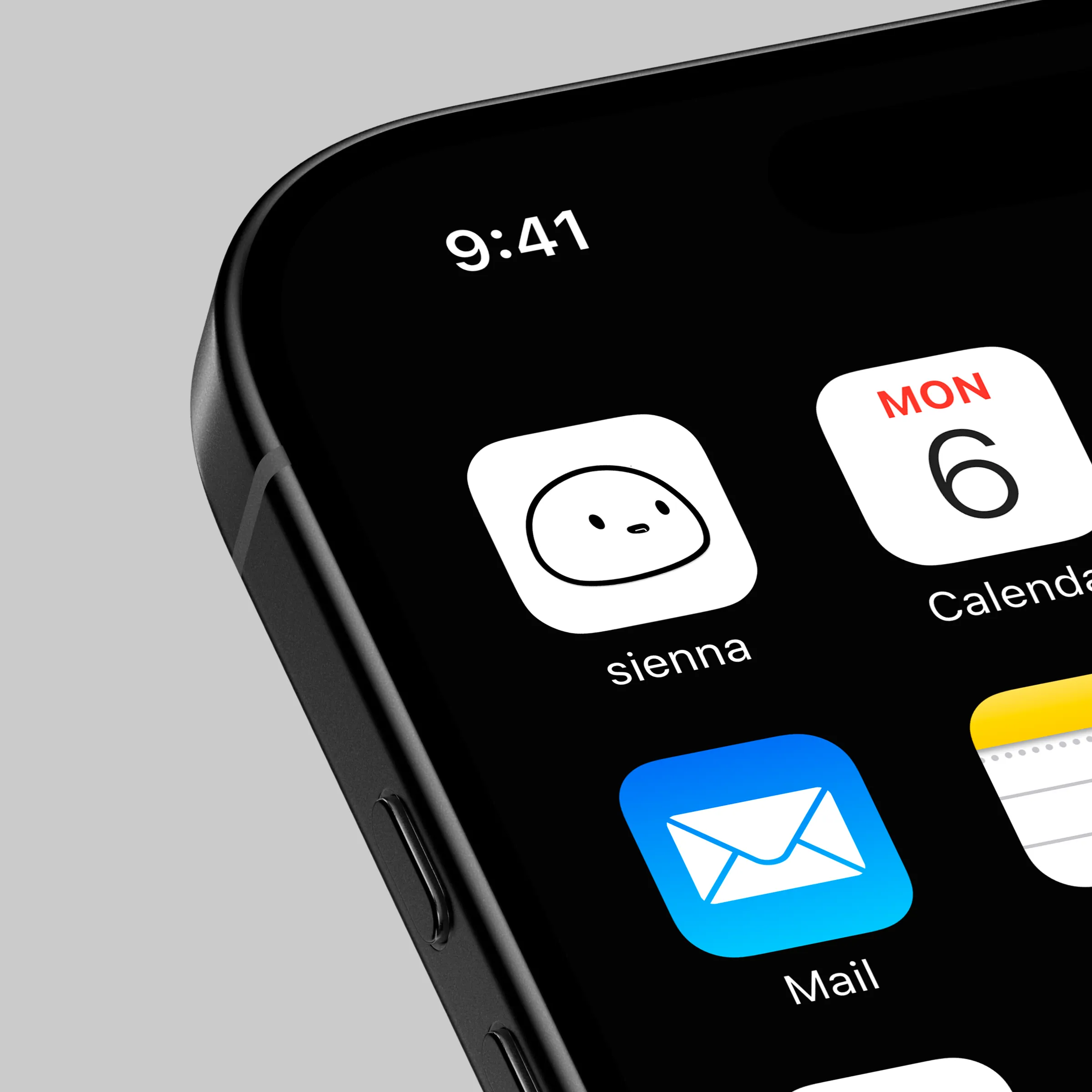 The sienna app icon on an iPhone home screen, the mascot's calm face on white