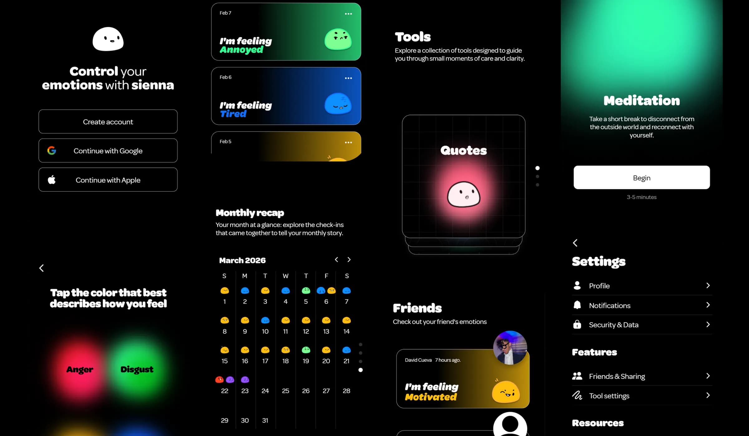 The sienna interface in dark mode: onboarding, check-in, tools, meditation, monthly recap, friends, and settings