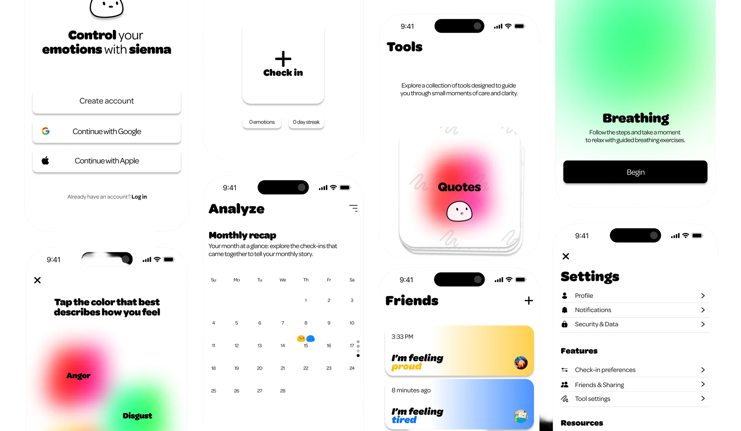 The sienna interface in light mode: onboarding, check-in, tools, breathing, monthly recap, friends, and settings