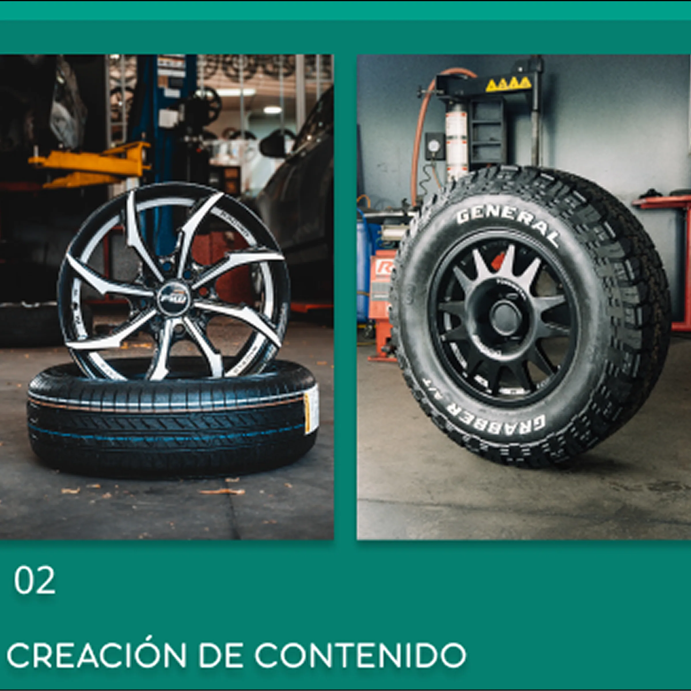 A content-creation spread from We Social, two product shots under the label Creación de Contenido