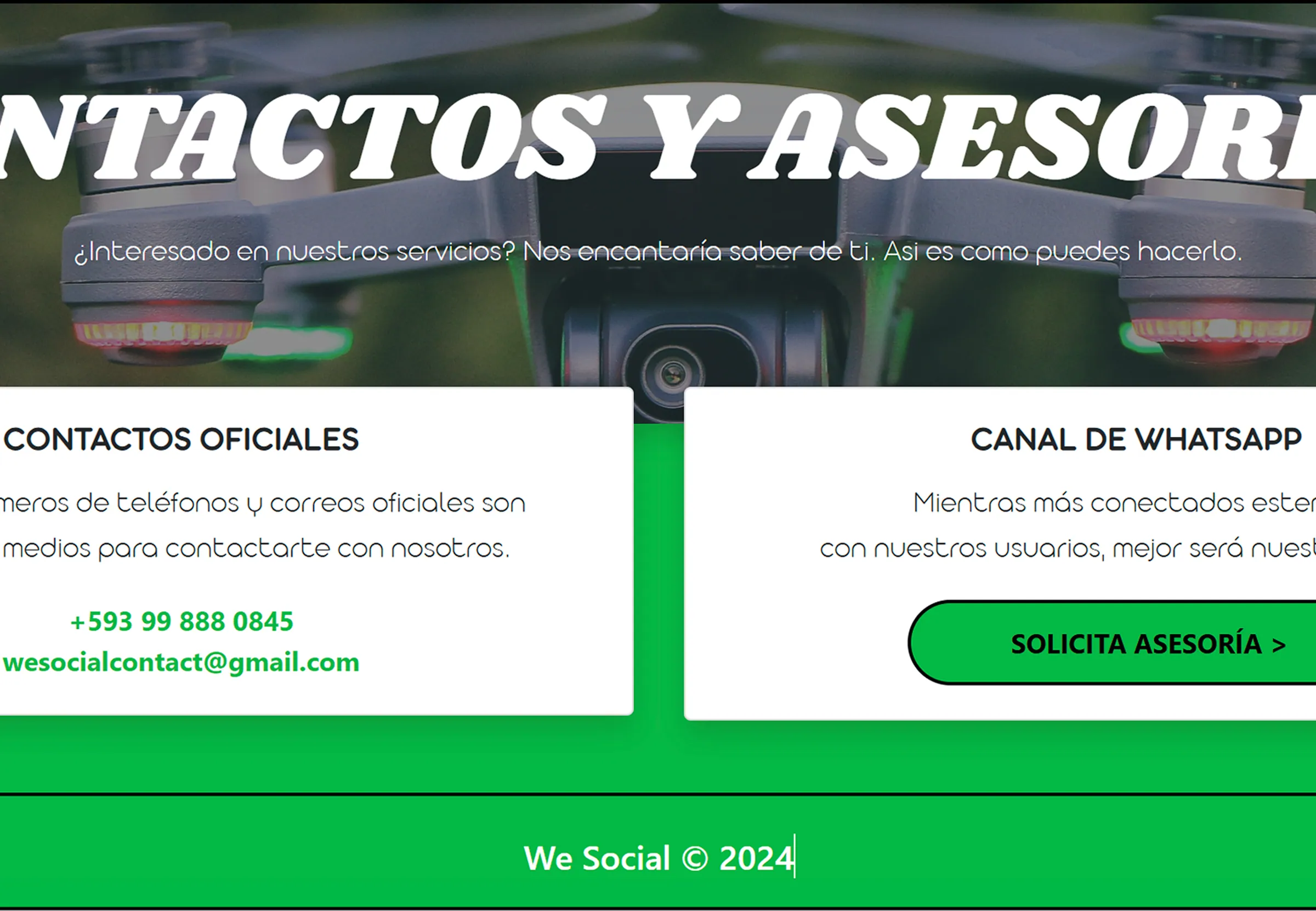The We Social website contact page, Contactos y Asesoría, with official numbers and a WhatsApp channel